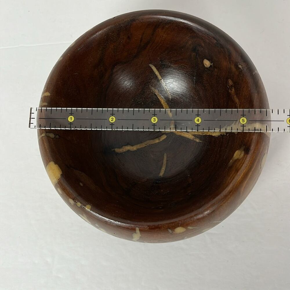 Unique Brown Wooden Bowl with Tan Inlay 6 x 3.5 Inches - Picture 8 of 8
